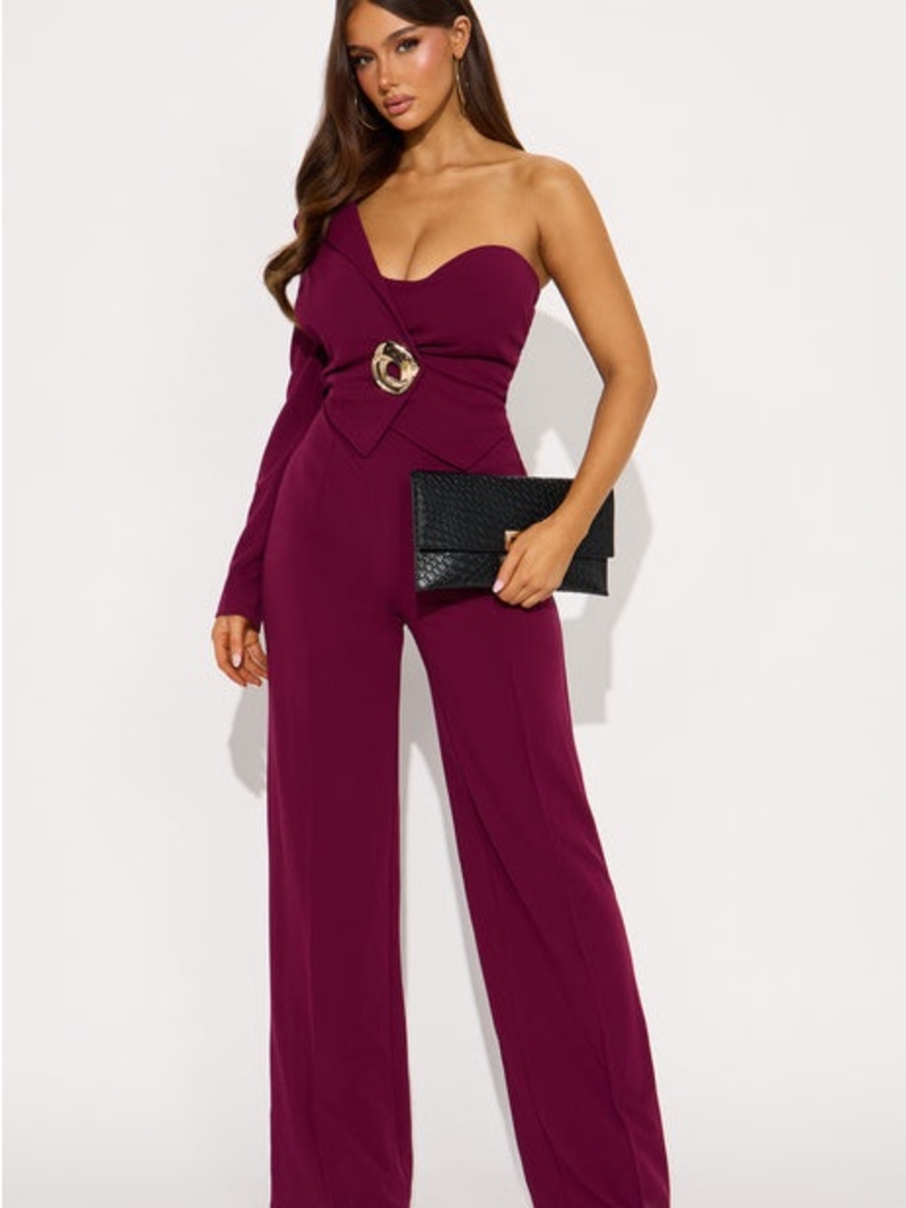 Fashion Nova One-Shoulder Plum Jumpsuit with Gold Buckle